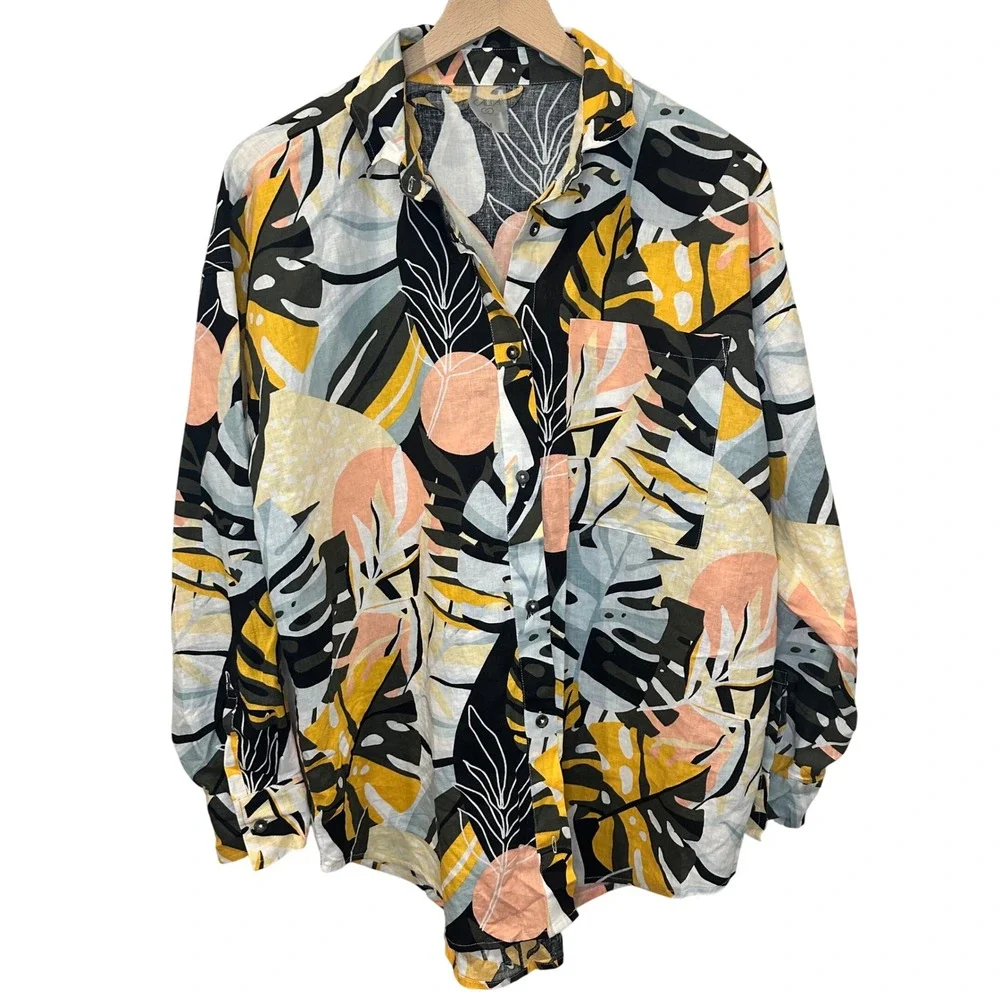 CALIA Button Up Shirt Women Tropical Leaf Size‎ M Multicolor Resort Swim Beach - Picture 2 of 16